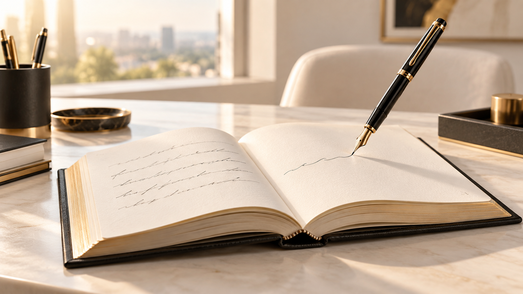 Fountain pen writing in a leather-bound notebook on a marble desk
