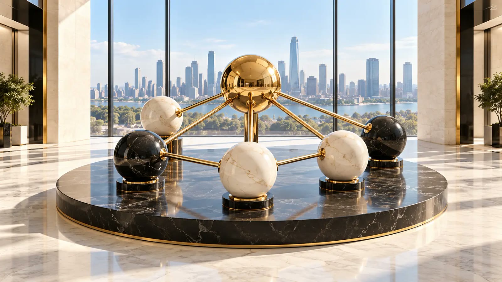Gold sphere network with black and ivory marble spheres on a round black marble table, with a city skyline behind floor-to-ceiling windows