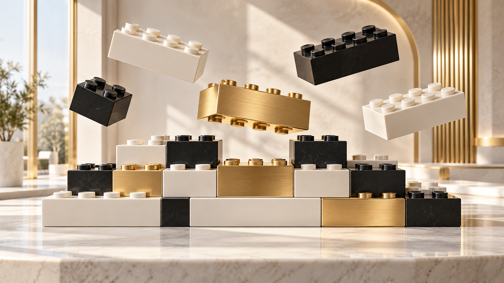 Black, ivory, and gold building blocks stacked in a sunlit marble hall